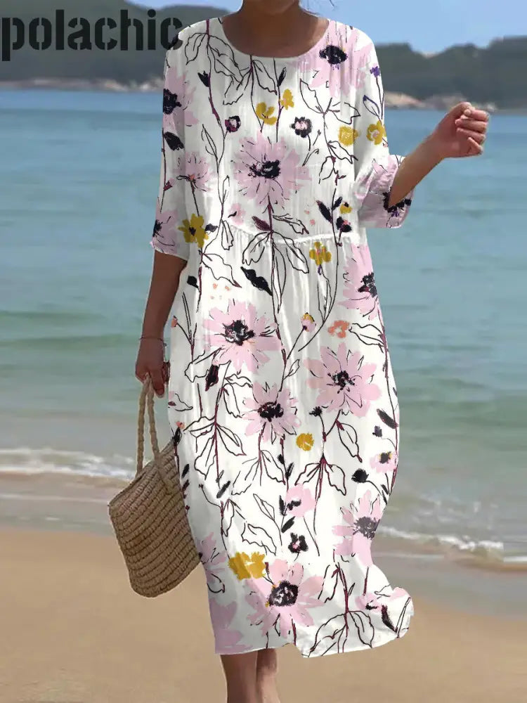 Rétro Floral Art Print Chic Col Rond Manches Trois-Quarts Robe Élégante Midi A / S