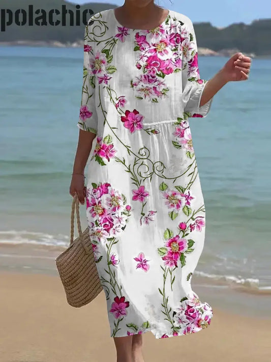 Rétro Floral Art Print Chic Col Rond Manches Trois-Quarts Robe Élégante Midi A / S