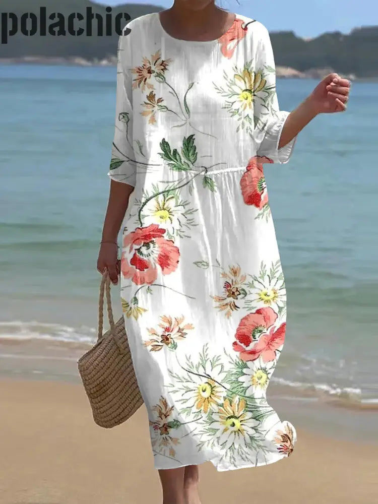 Rétro Floral Art Print Chic Col Rond Manches Trois-Quarts Robe Élégante Midi A / S