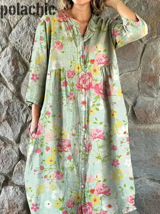 Rétro Floral Art Print Chic Trois-Quarts Manches Col Rond Élégant Midi Robe A / S