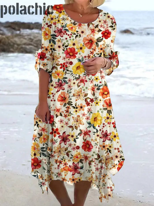 Rétro Floral Art Print Chic Trois-Quarts Manches Col Rond Élégant Midi Robe A / S