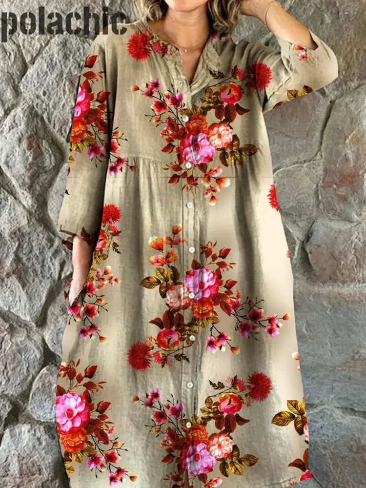 Rétro Floral Art Print Chic Trois-Quarts Manches Col Rond Élégant Midi Robe A / S