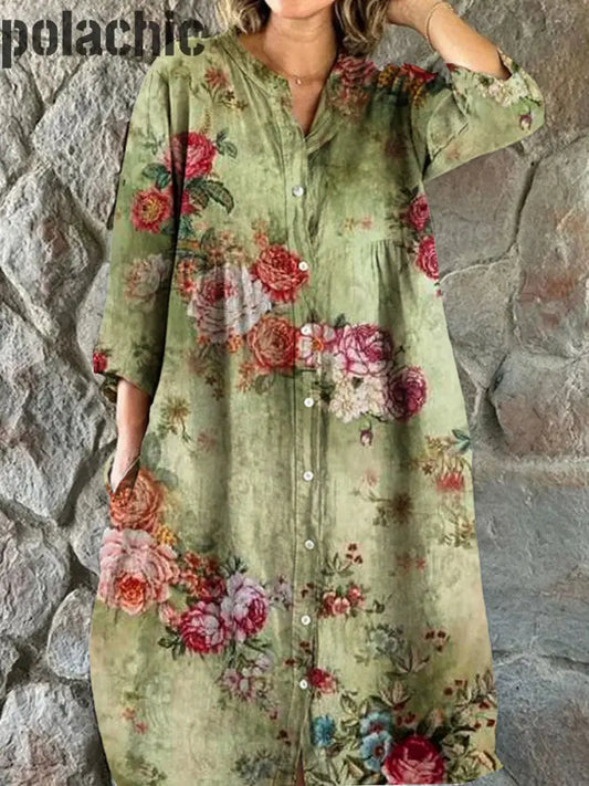 Rétro Floral Art Print Chic Trois-Quarts Manches Col Rond Élégant Midi Robe A / S