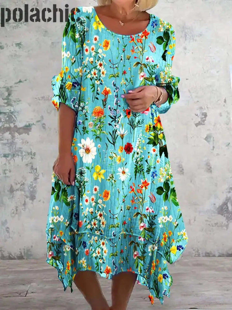 Rétro Floral Art Print Chic Trois-Quarts Manches Col Rond Élégant Midi Robe A / S