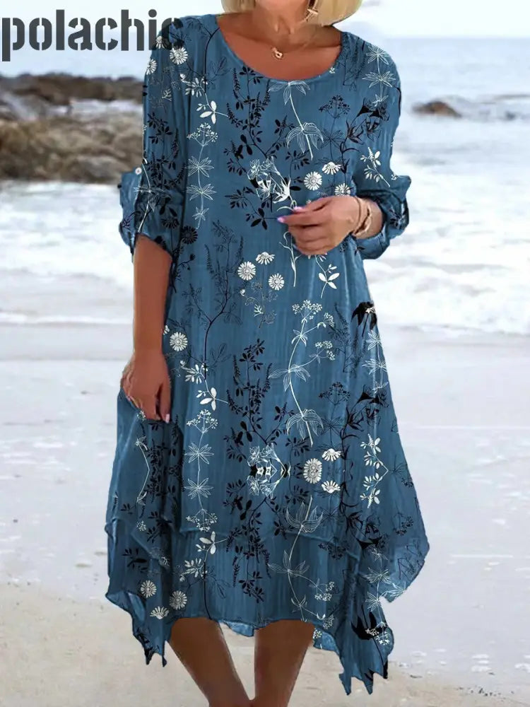 Rétro Floral Art Print Chic Trois-Quarts Manches Col Rond Élégant Midi Robe A / S