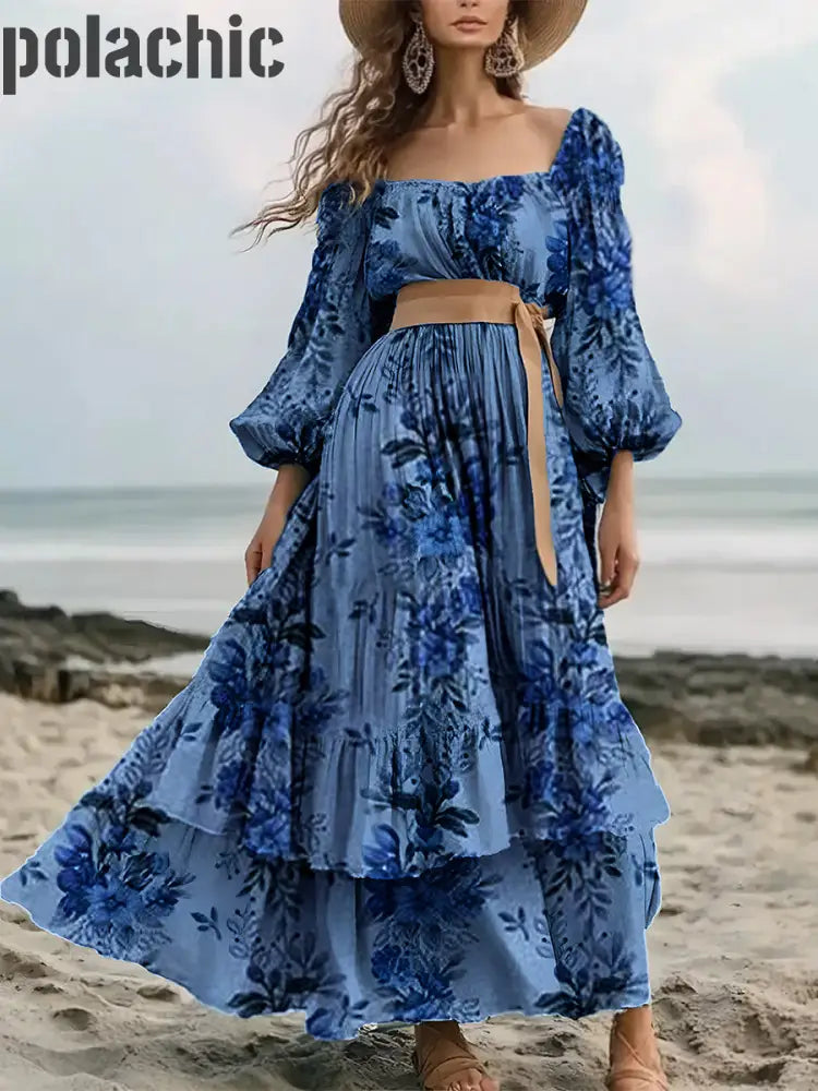 Retro Floral Art Print Élégant Et Chic Lâche À Manches Longues Robe Mi-Longue A / S