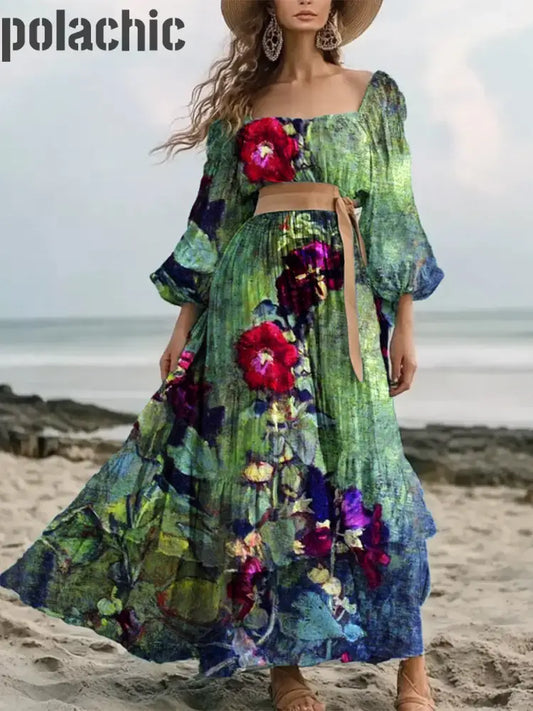Retro Floral Art Print Élégant Et Chic Lâche À Manches Longues Robe Mi-Longue A / S