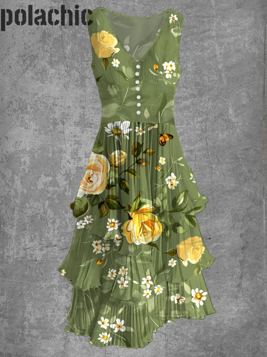 Rétro Floral Art Print Sans Manches Col En V Bouton Élégant Chic Fluide Midi Robe A / S