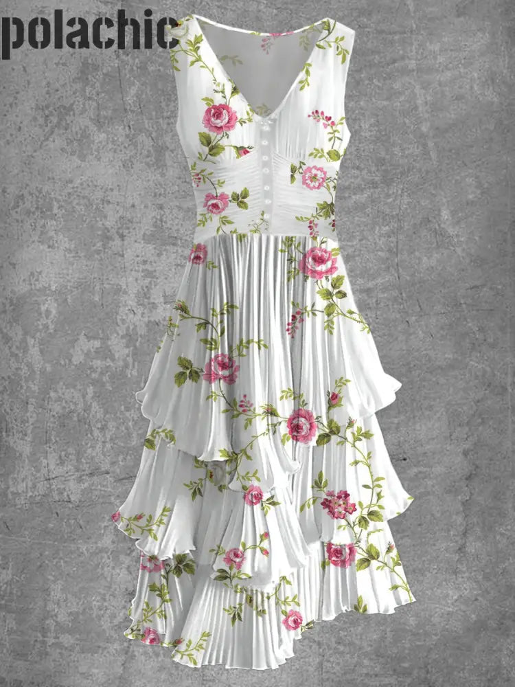 Rétro Floral Art Print Sans Manches Col En V Bouton Élégant Chic Fluide Midi Robe A / S