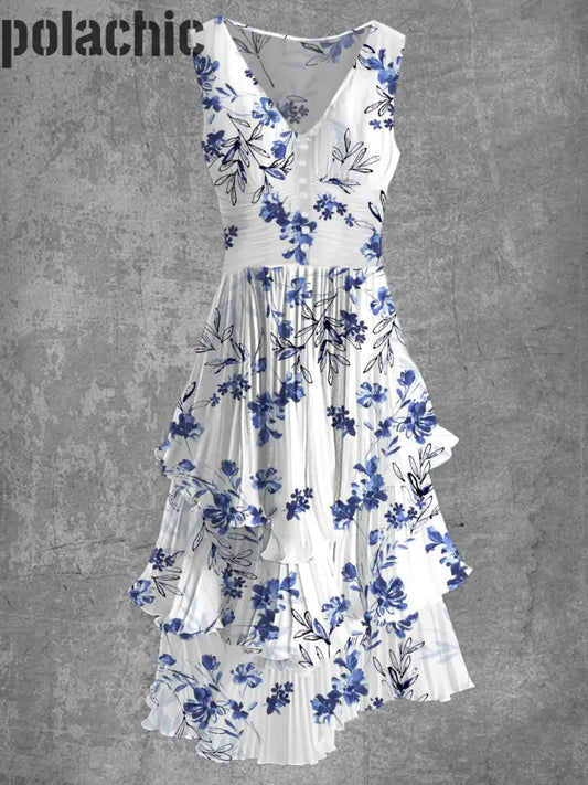 Rétro Floral Art Print Sans Manches Col En V Bouton Élégant Chic Fluide Midi Robe A / S