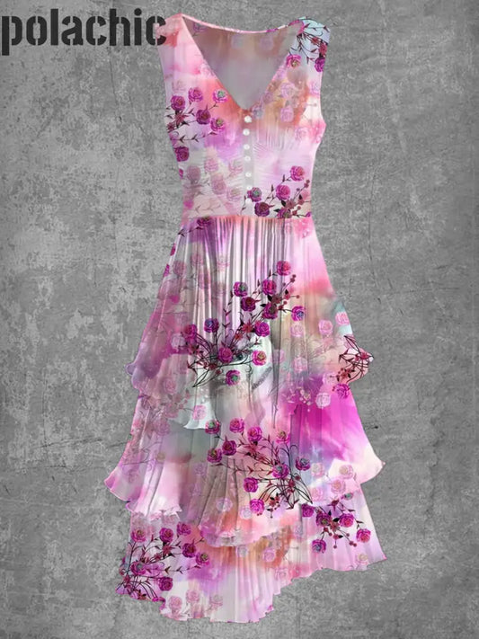 Rétro Floral Art Print Sans Manches Col En V Bouton Élégant Chic Fluide Midi Robe A / S