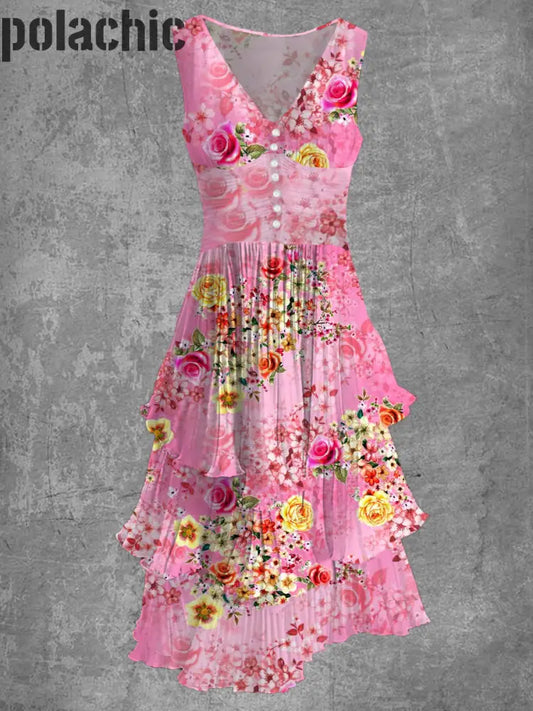 Rétro Floral Art Print Sans Manches Col En V Bouton Élégant Chic Fluide Midi Robe A / S