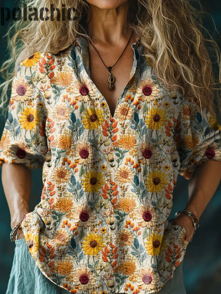 Retro Floral Art Print V-Neck Coton Décontracté Et Lin Chemise Top Des Femmes A / S