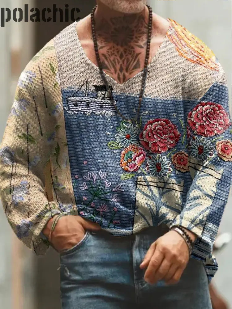 Retro Floral Art Print V-Neck Pull À Manches Longues Pour Hommes Épaissi Top A / S