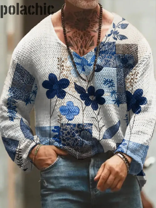 Retro Floral Art Print V-Neck Pull À Manches Longues Pour Hommes Épaissi Top A / S