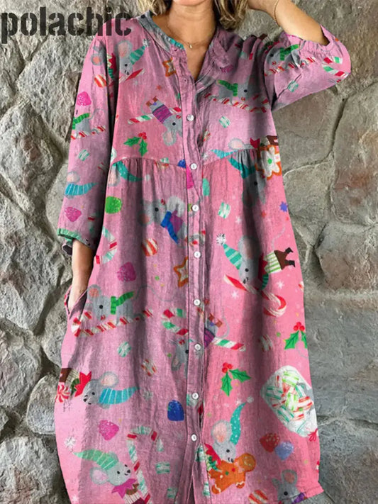 Rétro Floral Art Print Vintage Chic Col En V Boutonné À Manches Longues Midi Dress A / S