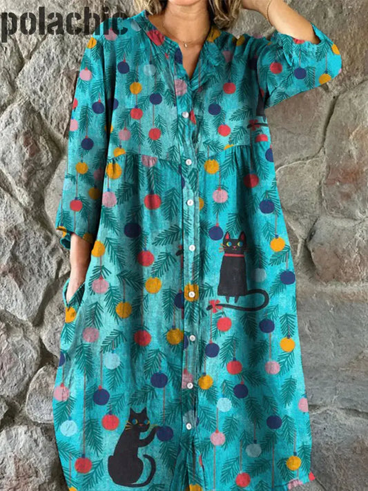 Rétro Floral Art Print Vintage Chic Col En V Boutonné À Manches Longues Midi Dress A / S