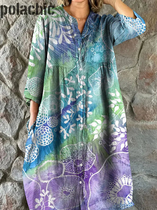 Rétro Floral Art Print Vintage Chic Col En V Boutonné À Manches Longues Midi Dress A / S