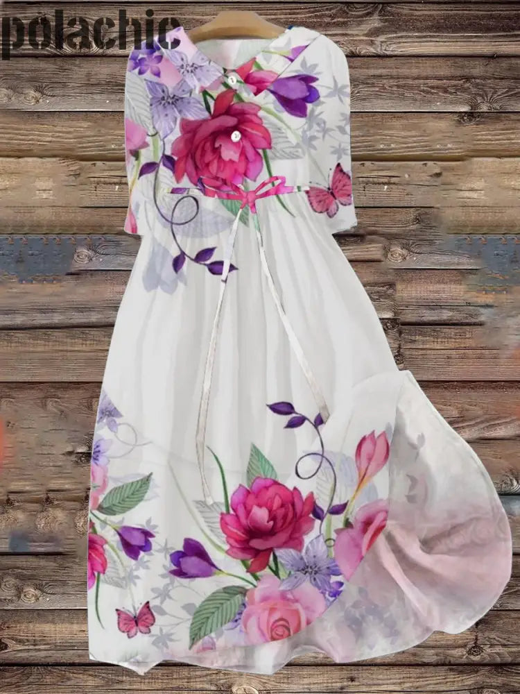 Rétro Floral Art Revers Élégant Et Chic Lâche Manches Courtes À Lacets Robe Midi A / S