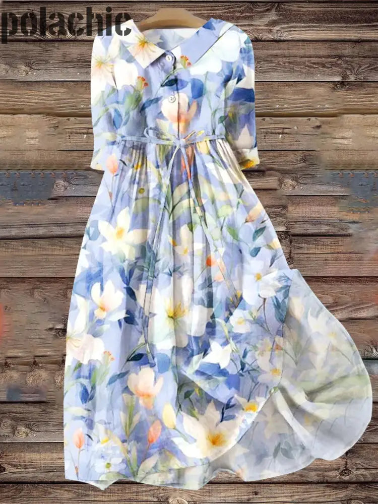 Rétro Floral Art Revers Élégant Et Chic Lâche Manches Courtes À Lacets Robe Midi A / S