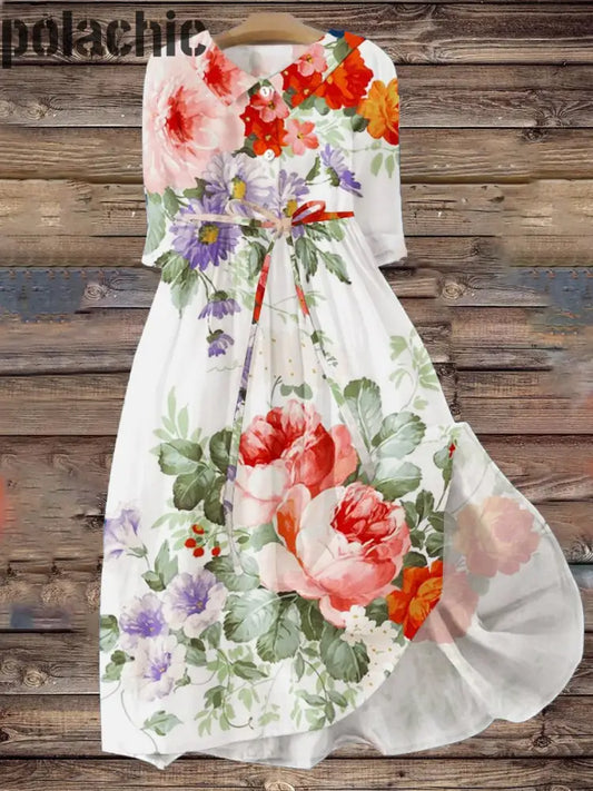 Rétro Floral Art Revers Élégant Et Chic Lâche Manches Courtes À Lacets Robe Midi A / S