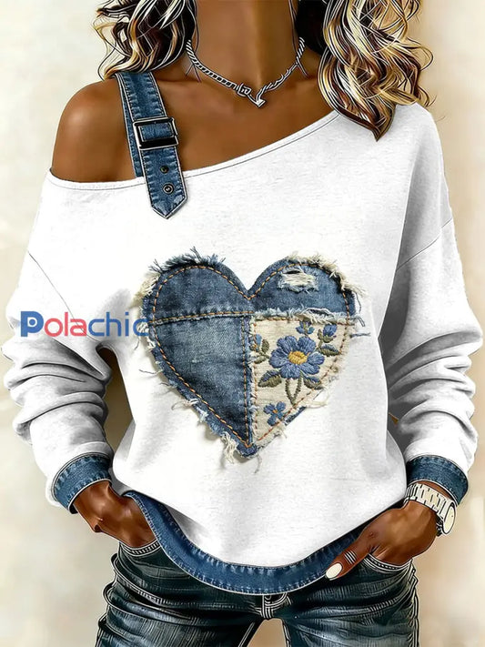 Rétro Floral Heart Patchwork Imprimer Casual Off-épaule Sweatshirt comme image / S