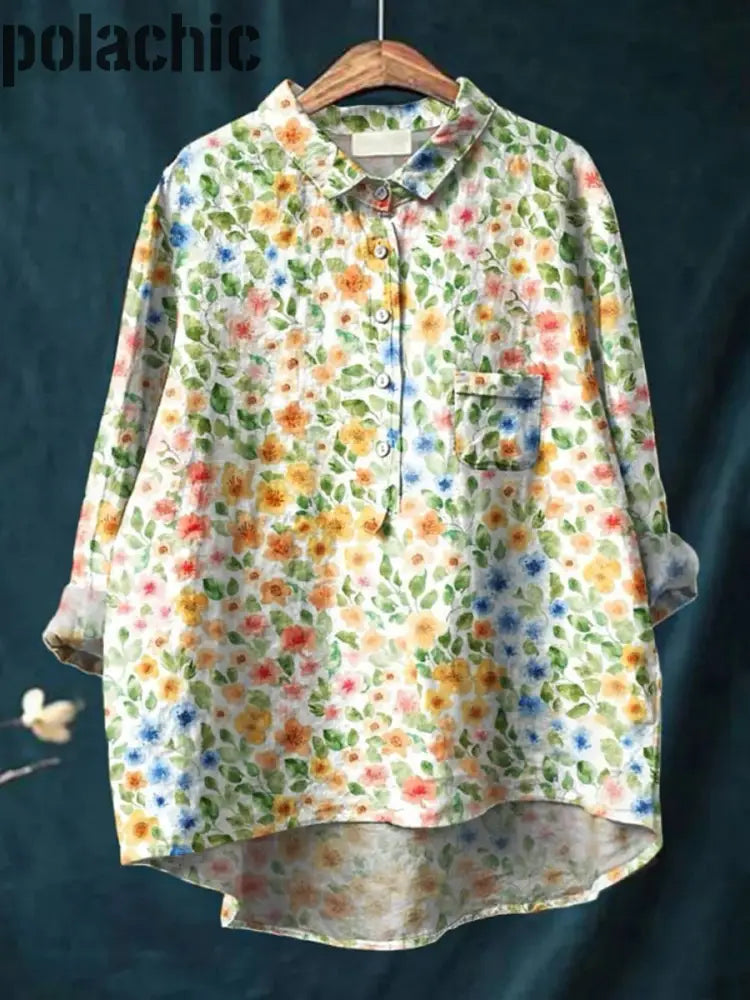 Rétro Floral Imprimé Casual Art Col Rond Bouton Poche Mi Chemise À Manches Longues A / S