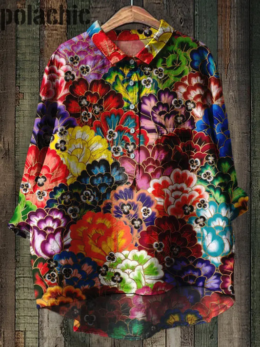 Rétro Floral Imprimé Casual Art Col Rond Bouton Poche Mi Chemise À Manches Longues A / S