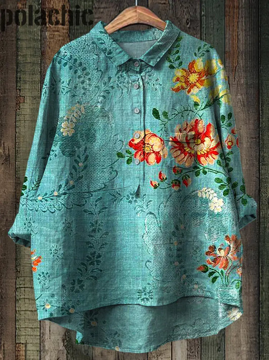 Rétro Floral Imprimé Casual Art Col Rond Bouton Poche Mi Chemise À Manches Longues A / S