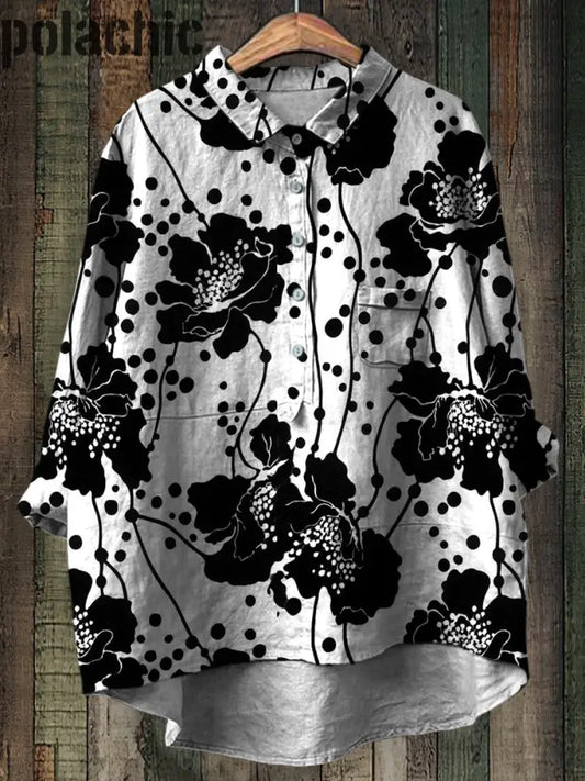 Rétro Floral Imprimé Casual Art Col Rond Bouton Poche Mi Chemise À Manches Longues A / S