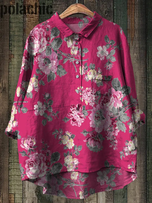 Rétro Floral Imprimé Casual Art Col Rond Bouton Poche Mi Chemise À Manches Longues A / S