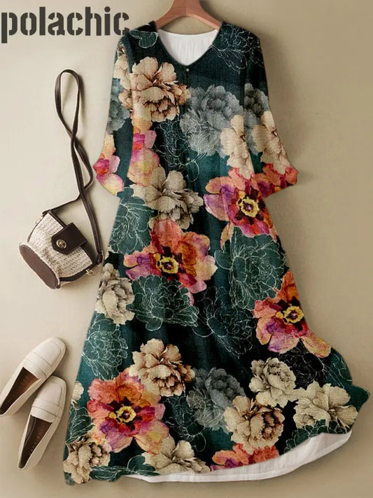 Rétro Floral Imprimé Col En V Bouton Élégant Chic Loose Robe Midi À Manches Longues A / S