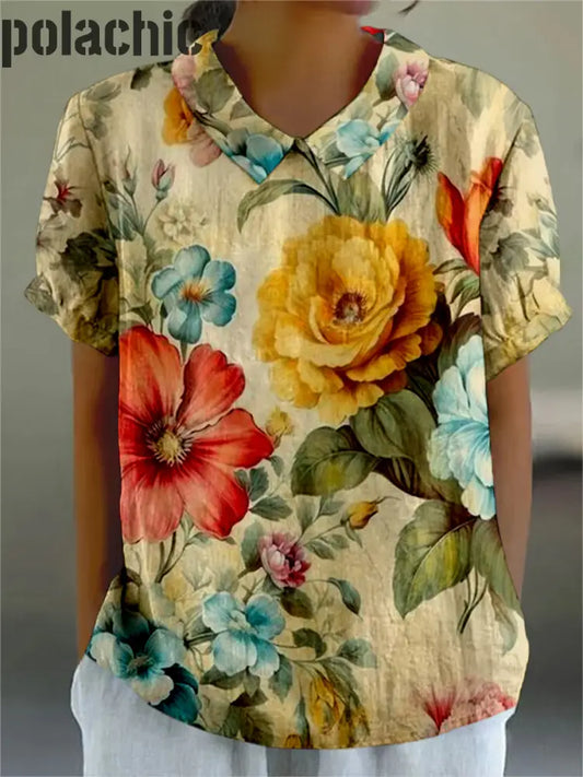 Retro Floral Imprimé Vintage Art Manches Courtes Col De Chemise Haut A / S