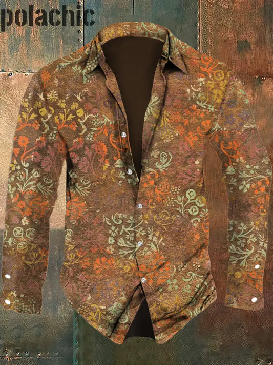 Retro Floral Pattern Casual Chemise À Manches Longues Pour Hommes Comme Image / S