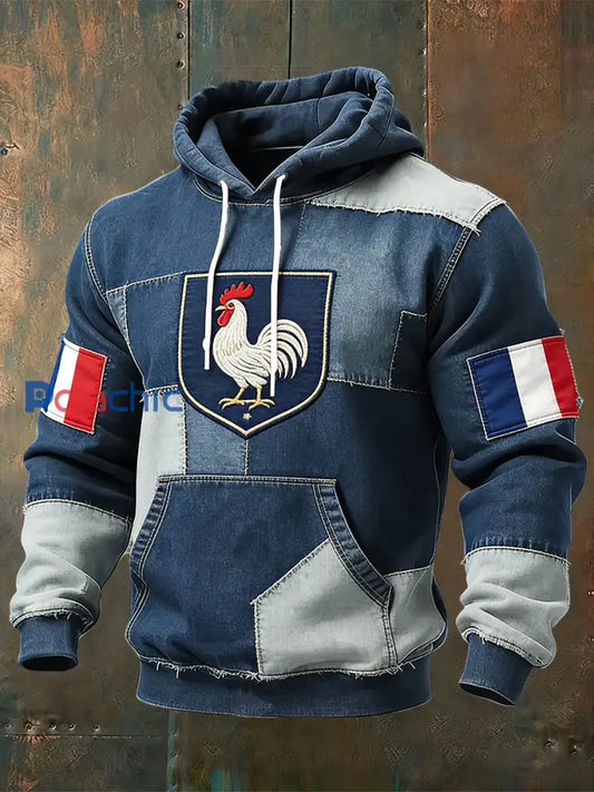 Rétro Français Coq Denim Patchwork Casual Hoodie Multicolore / S