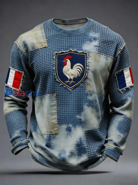 Rétro Français Coq Drapeau Patchwork Waffle Weave T-shirt Décontracté Multicolore / S