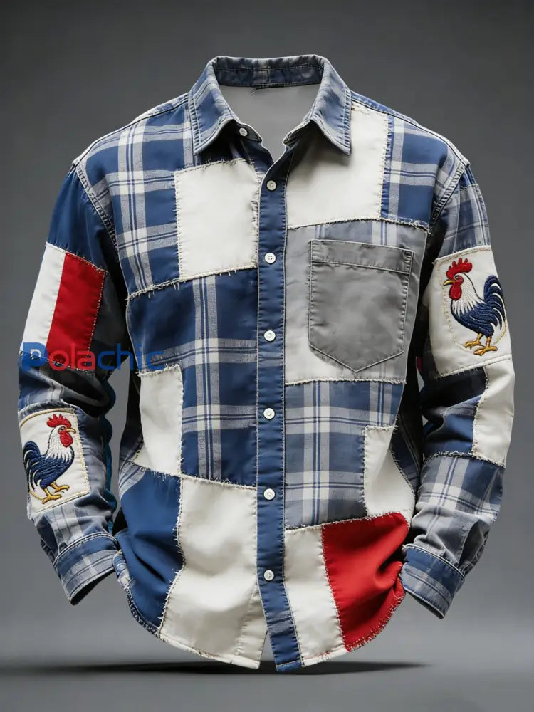 Rétro Français Coq Drapeau Plaid Patchwork Chemise Décontractée Multicolore / S