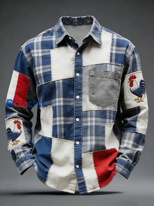 Rétro Français Coq Drapeau Plaid Patchwork Chemise Décontractée Multicolore / S