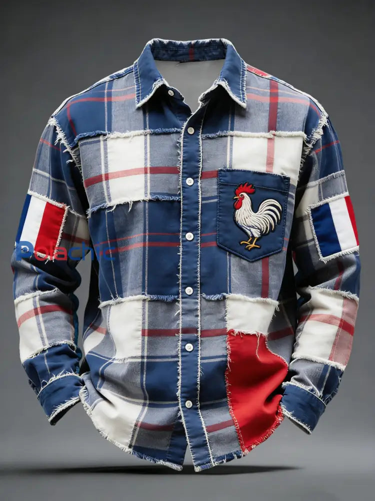 Rétro Français Coq Emblème À Carreaux Patchwork Chemise Décontractée Multicolore / S