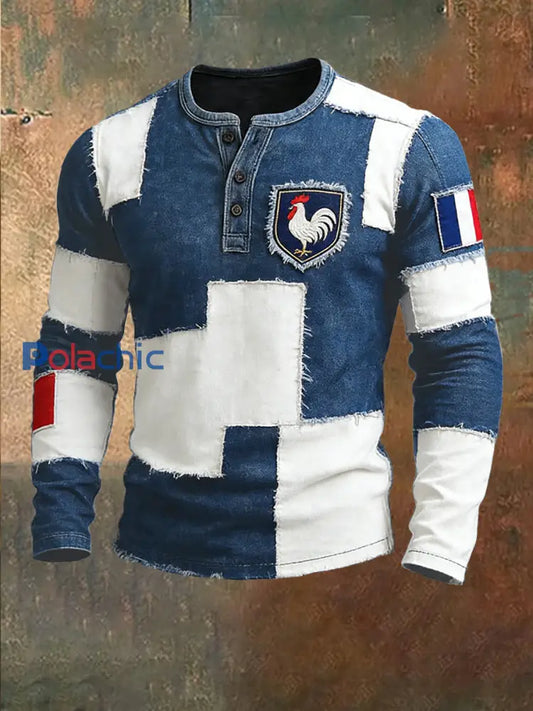 Rétro Français Coq Emblème Patchwork Casual Henley Shirt Bleu / S