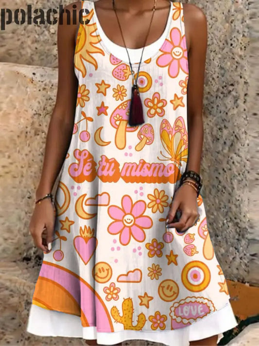 Retro Fun Hippie Art Imprimer Sans Manches Midi Robe Des Femmes A / S