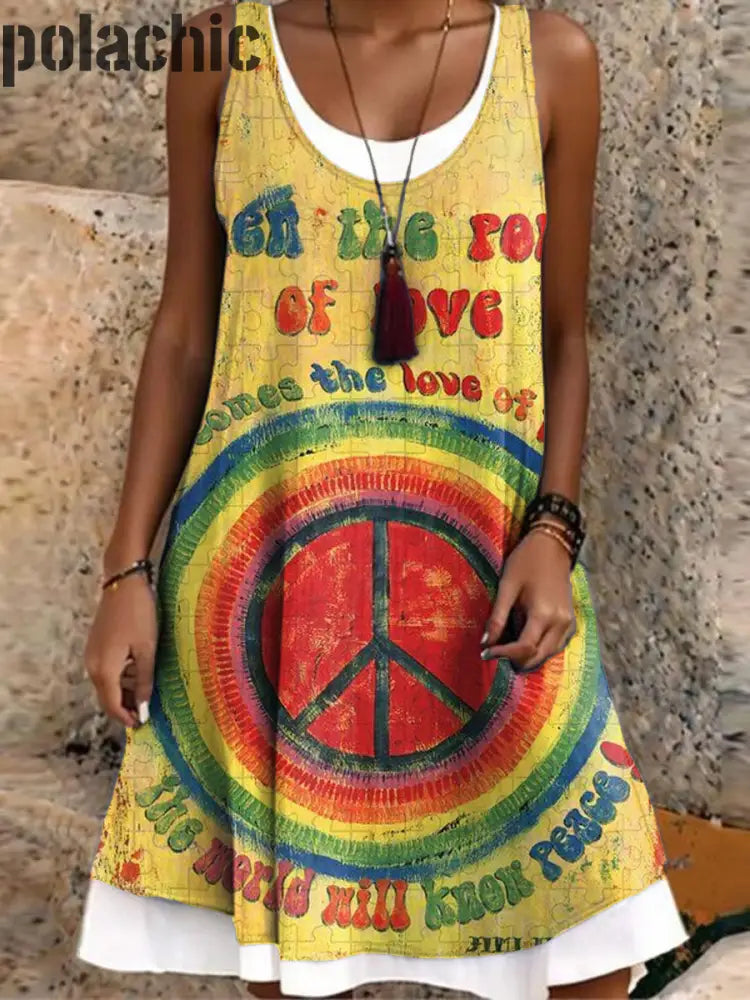 Retro Fun Hippie Art Imprimer Sans Manches Midi Robe Des Femmes A / S