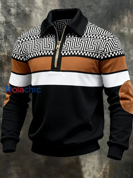 Retro géométrique Colorblock Print Casual Half-Zip Sweatshirt Noir / S