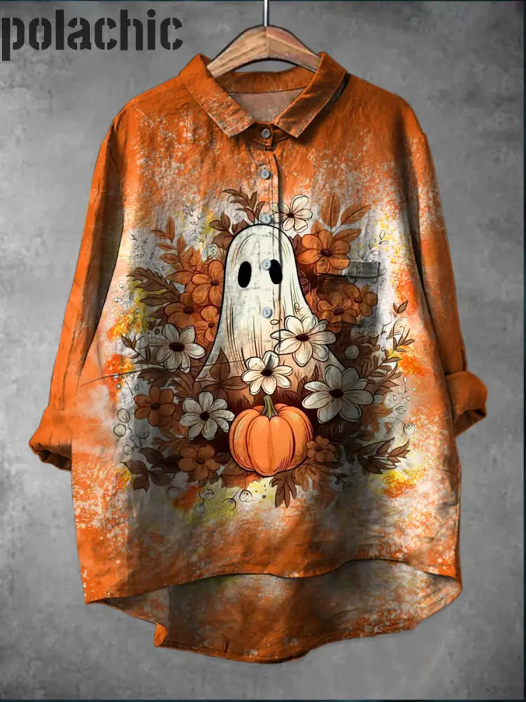 Rétro Halloween Art Imprimé Col Rond Bouton Poche Lin Mi Chemise À Manches Longues A / S