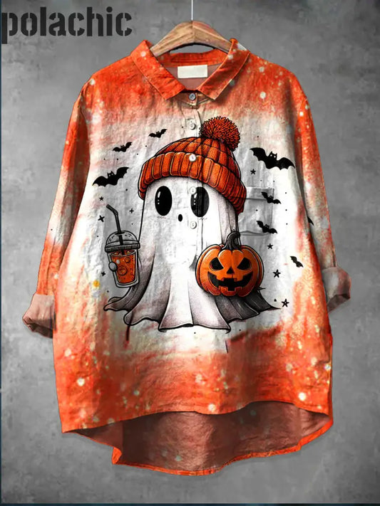 Rétro Halloween Art Imprimé Col Rond Bouton Poche Lin Mi Chemise À Manches Longues A / S