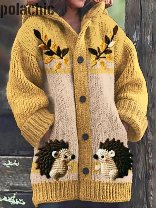 Rétro Hérisson Mignon Imprimer Bouton Épais À Manches Longues Capuche Cardigan Pull En Tricot A / S