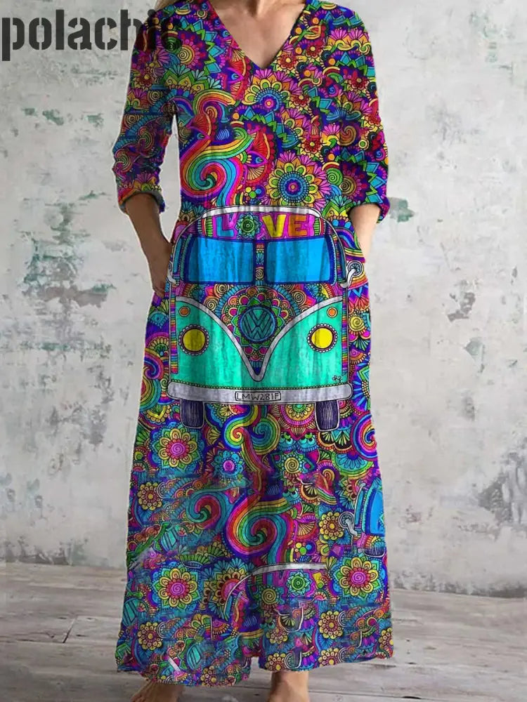 Rétro Hippie Art Imprimé Chic V Cou Trois Quarts Manches Élégante Robe Midi A / S