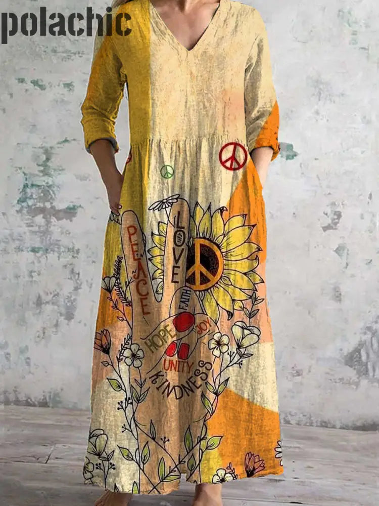 Rétro Hippie Art Imprimé Chic V Cou Trois Quarts Manches Élégante Robe Midi A / S