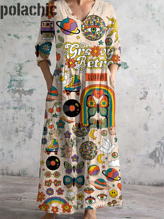 Rétro Hippie Art Imprimé Chic V Cou Trois Quarts Manches Élégante Robe Midi A / S