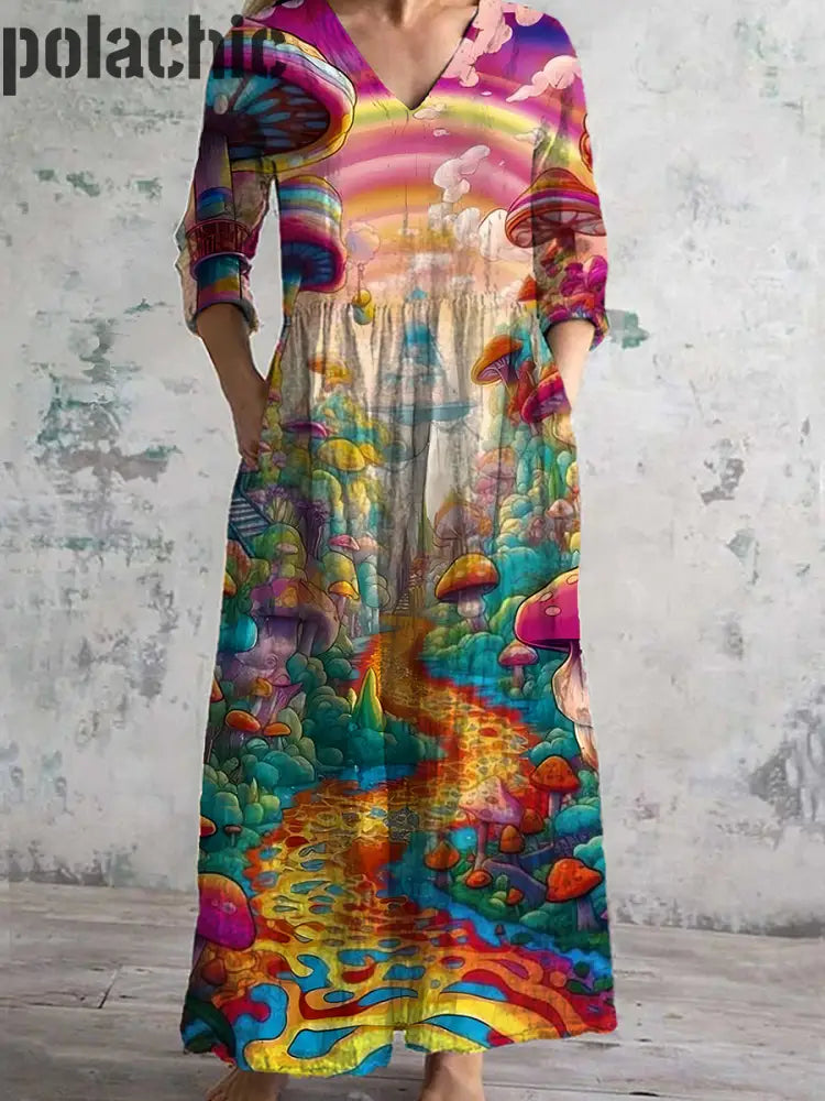 Rétro Hippie Art Imprimé Chic V Cou Trois Quarts Manches Élégante Robe Midi A / S